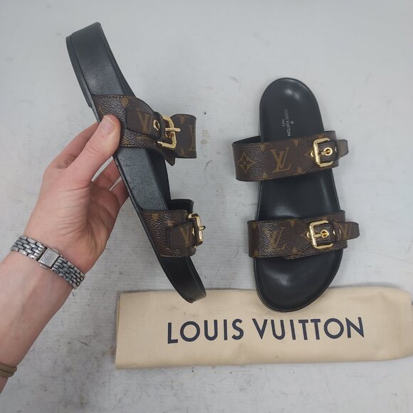 Louis Vuitton Brown Buckle Bom Dia Monogram Flat Slide Sandal - Picture 7 of 14